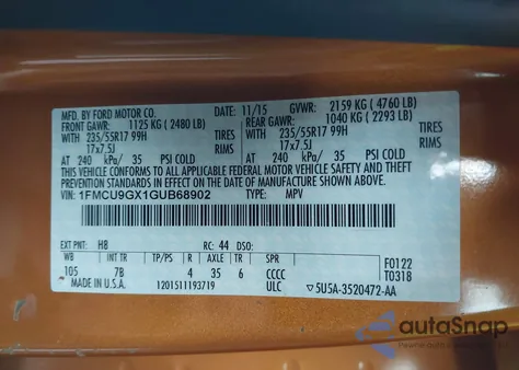 2016 Ford Escape Se z USA, uszkodzony, nr VIN 1FMCU9GX1GUB68902